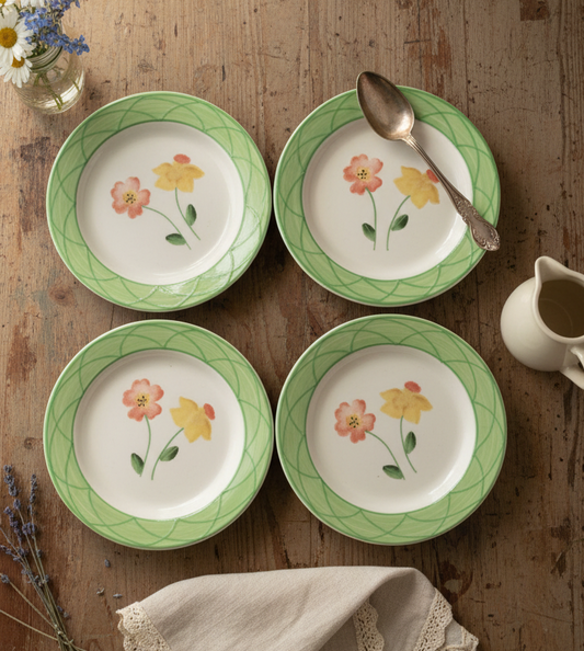 Hartstone Pottery Vintage Floral Long Stem Flowers 8” Salad Plates – Set of 4 | Hand-Painted 1980s Collection - HTF