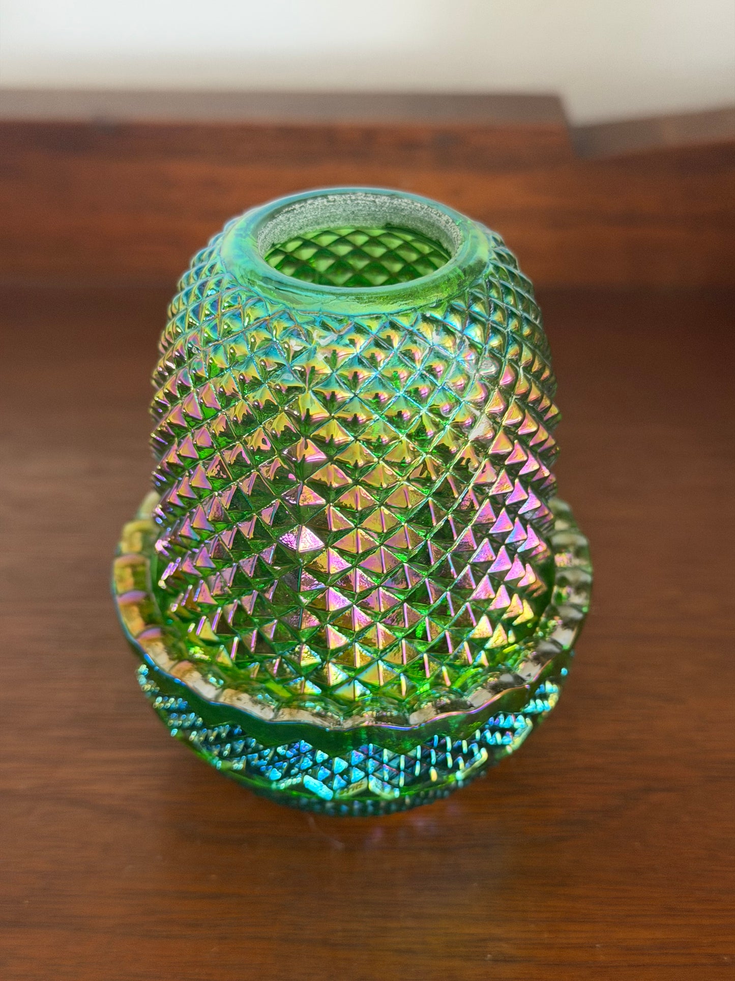 Mosser Emerald Green Carnival Glass Fairy Lamp – Diamond Point Pattern