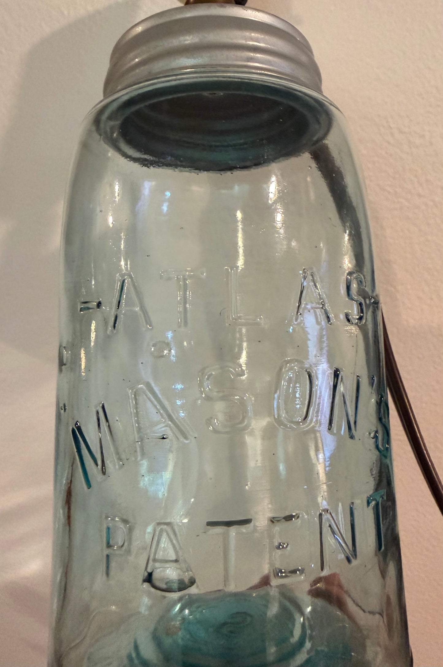 Antique Atlas Mason’s Patent Jar Lamp | Rustic Upcycled Aqua Glass Table Lamp