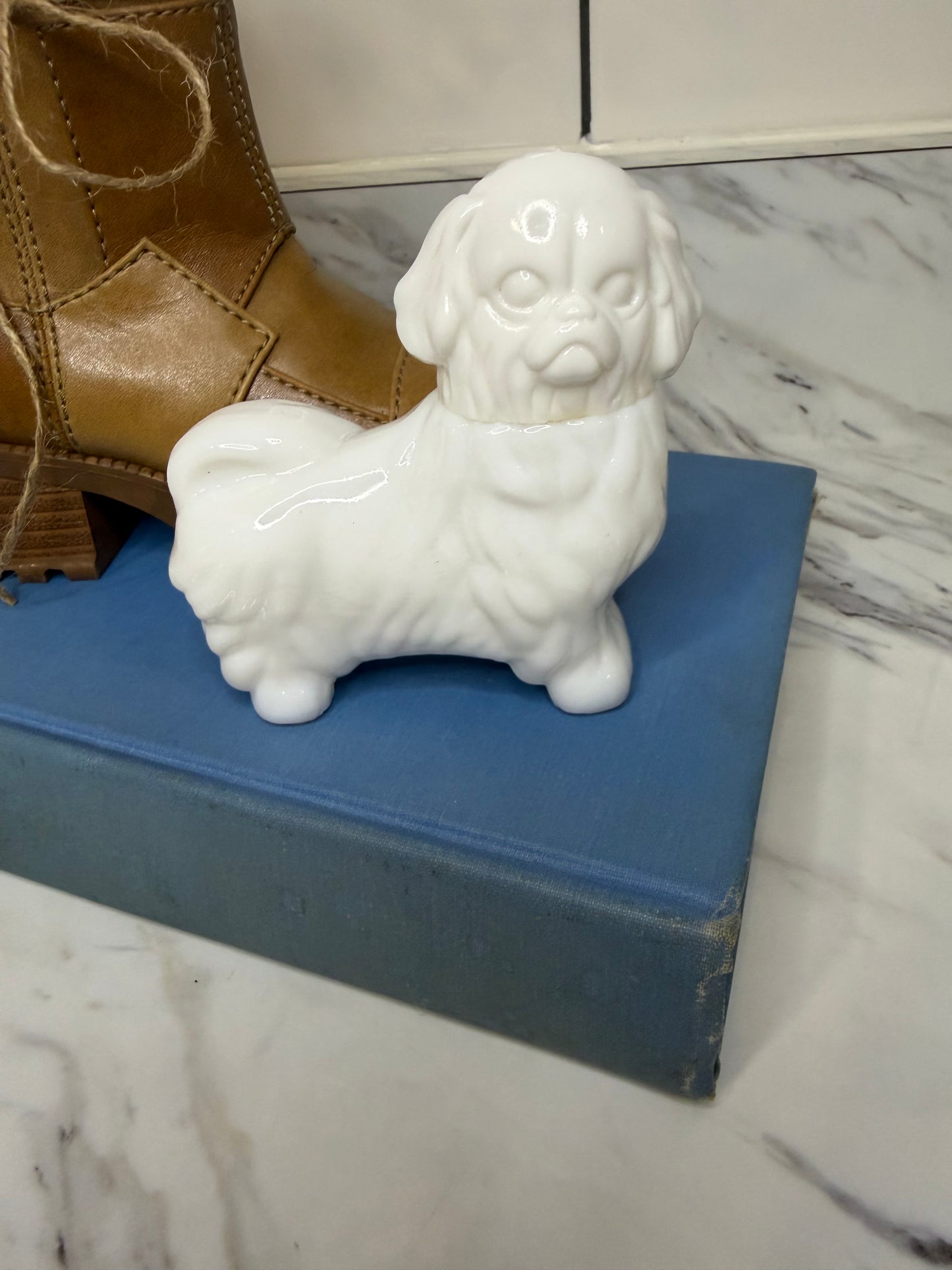 Vintage Avon Royal Pekingese Milk Glass Cologne Bottle — Collectible Dog Figurine