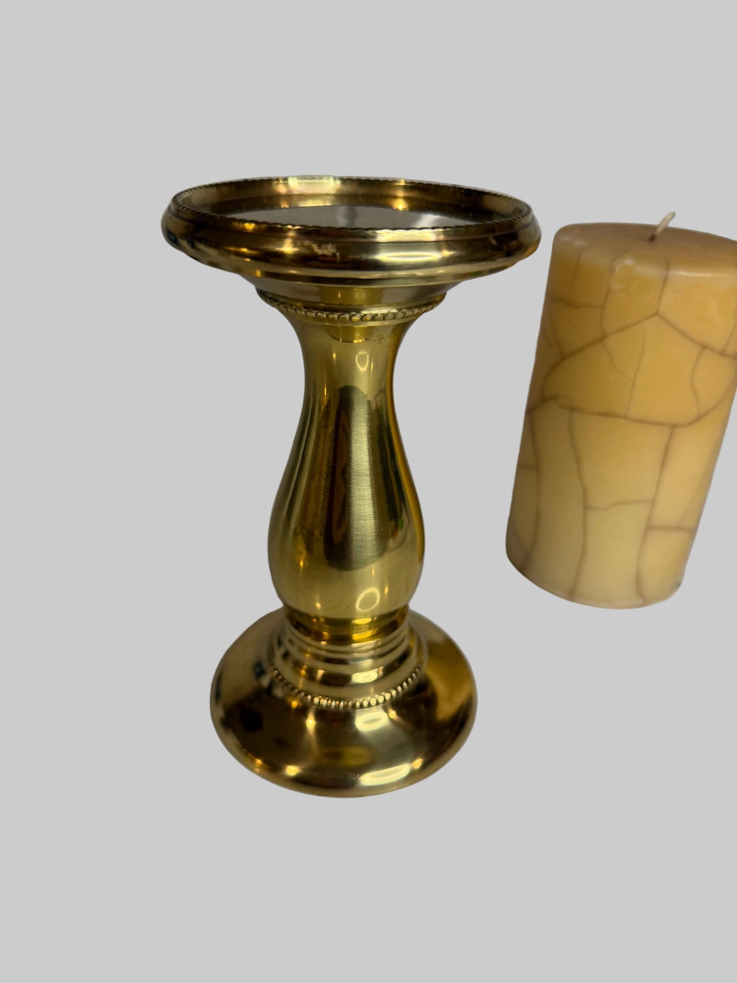 Frontgate Brass Pillar Candle Holder with Crackled Cream Candle