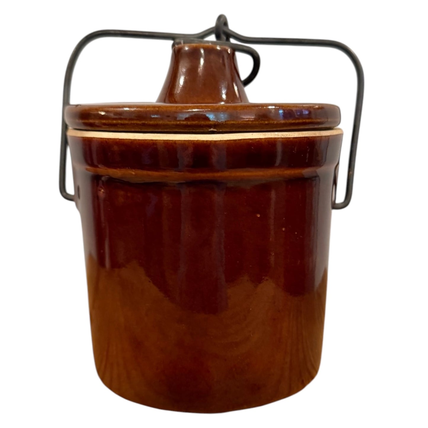 Brown Vintage Stoneware Cheese Crock with Wire Bail Lid | Made in USA