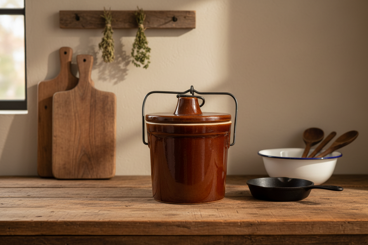 Brown Vintage Stoneware Cheese Crock with Wire Bail Lid | Made in USA