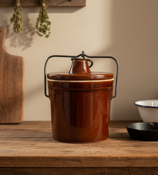Brown Vintage Stoneware Cheese Crock with Wire Bail Lid | Made in USA