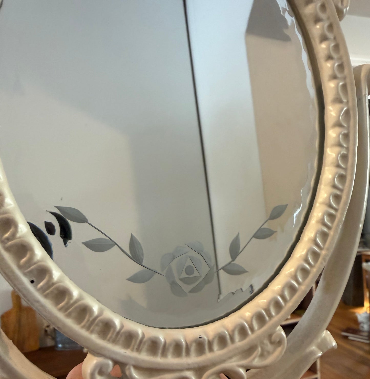 Vintage Victorian-Style Vanity Mirror – White Painted Cast Iron, Shabby Chic Pedestal