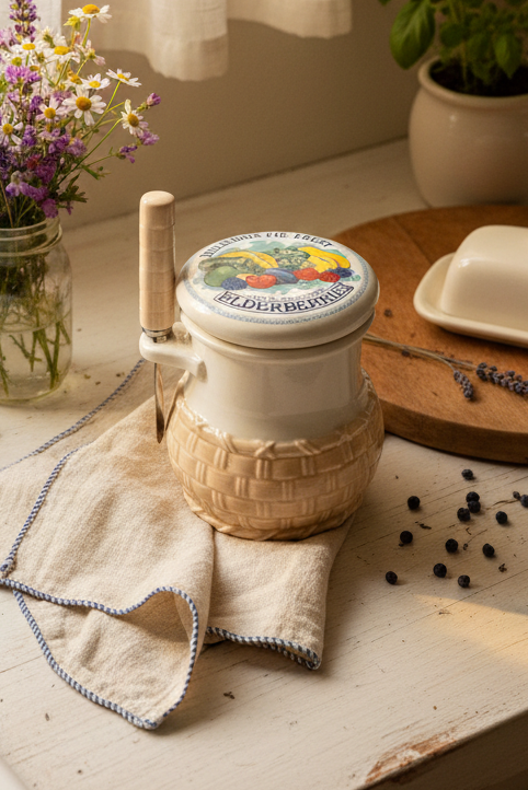 1980s Shafford Porcelain Elderberries Jam Jar with Spoon | Cottagecore Kitchen Decor | Basket Weave Fruit Preserve Pot