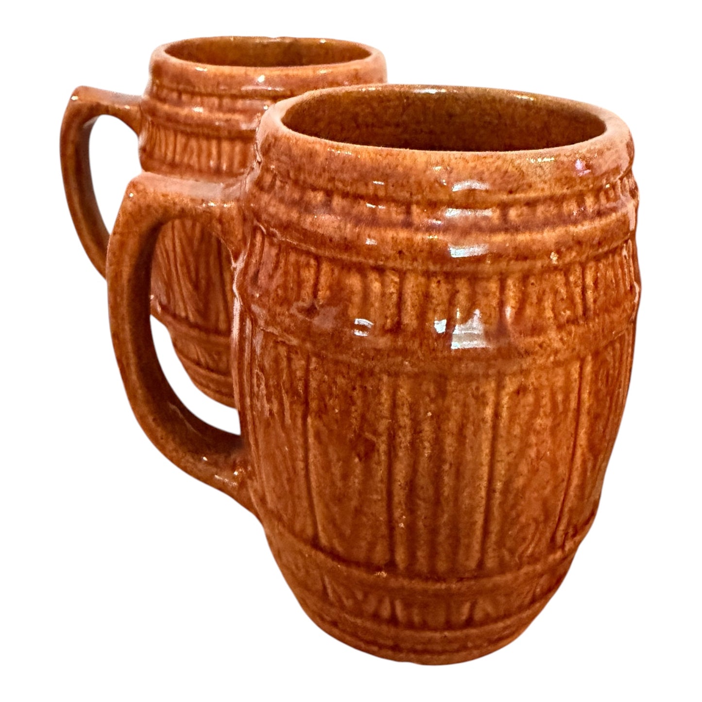 Set of 4 Vintage McCoy Pottery Old Oaken Barrel Mugs 397 | Faux Bois Brown Stoneware Beer Steins
