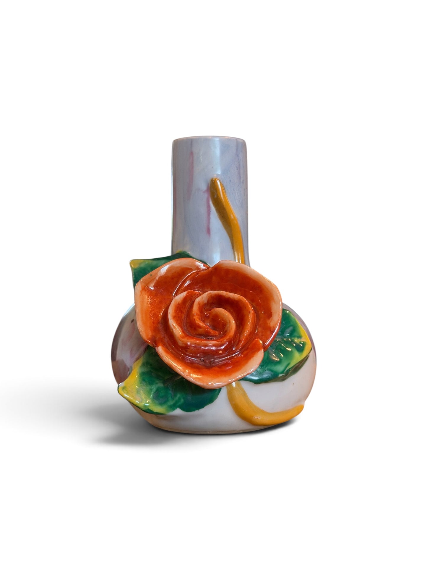 Occupied Japan Ceramic Bud Vase with Applied Porcelain Rose | Hand-Painted Floral Vase | 4.5”