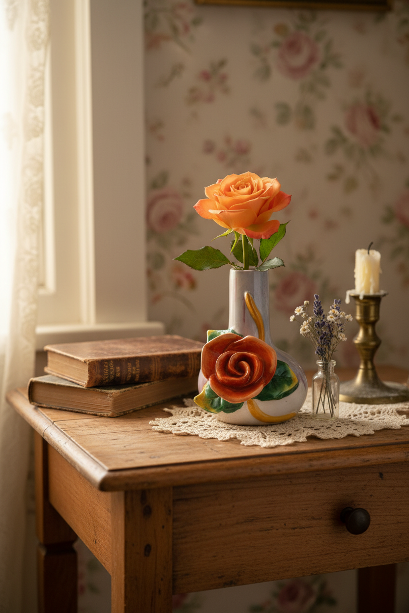 Occupied Japan Ceramic Bud Vase with Applied Porcelain Rose | Hand-Painted Floral Vase | 4.5”