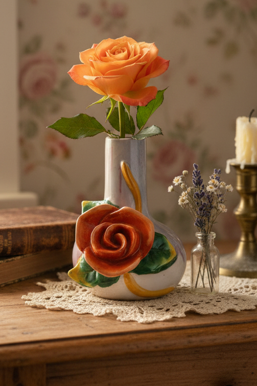 Occupied Japan Ceramic Bud Vase with Applied Porcelain Rose | Hand-Painted Floral Vase | 4.5”