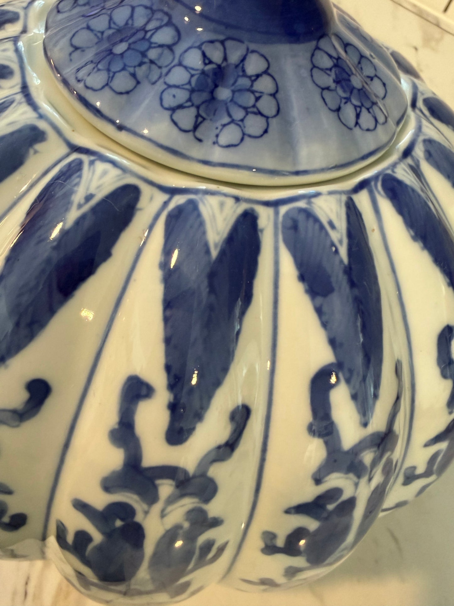 Vintage Chinese Blue & White Pumpkin-Shaped Ginger Jar | Chinoiserie Porcelain