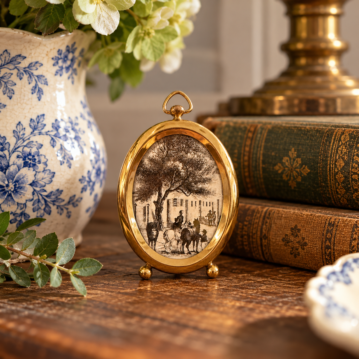 Vintage Brass Oval Frame with Equestrian Book Print | 4” Flea & Frame Creation