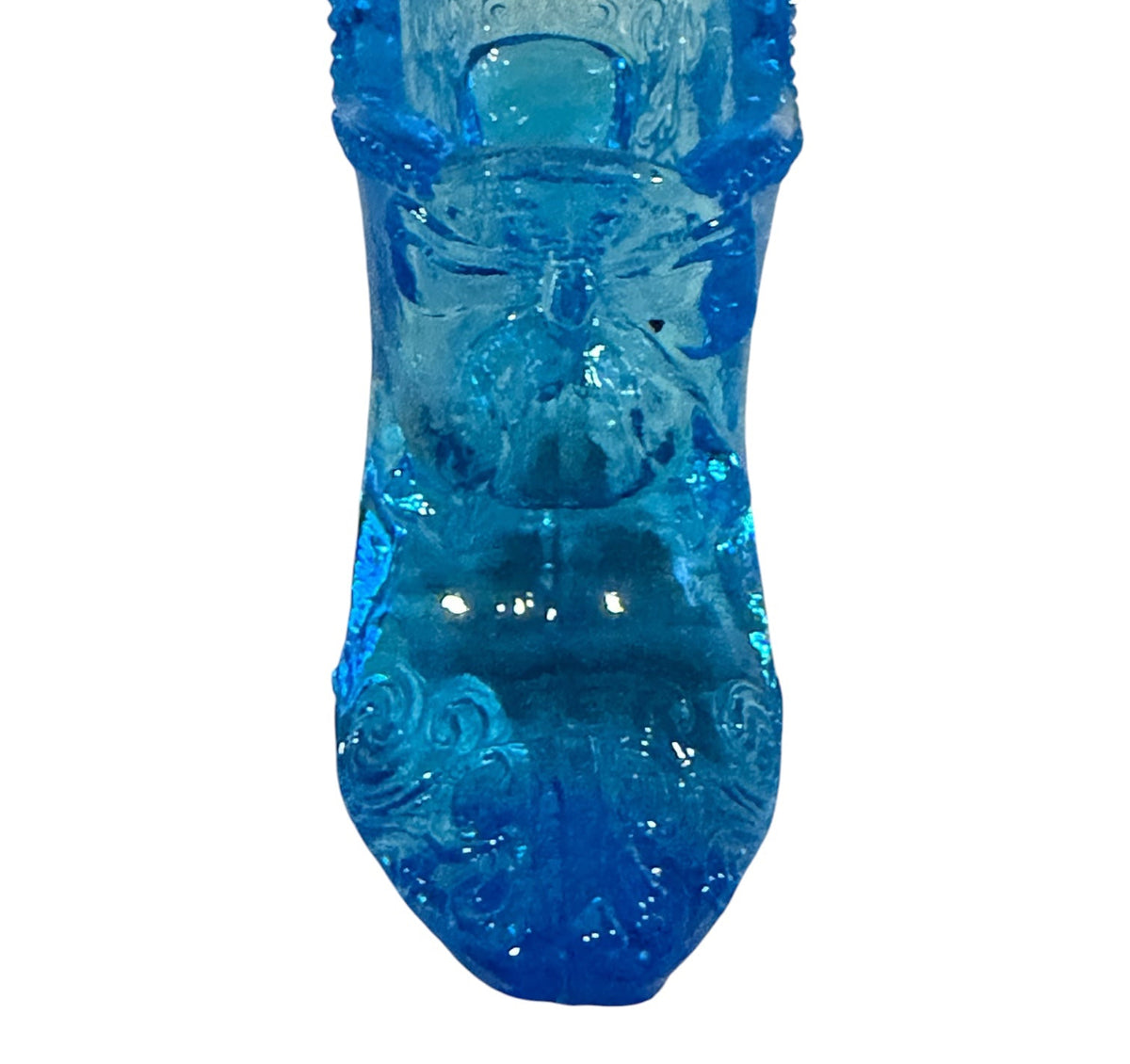Mosser Glass #109 Scroll & Bow Vintage Slipper – Aqua Blue Victorian Shoe – 4.5”