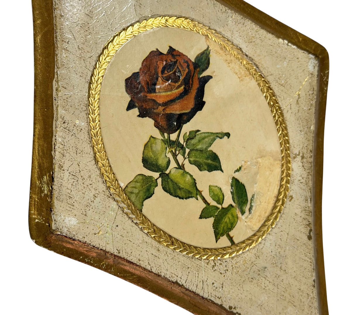 Italian Vintage Florentine Rose Wall Plaques – Pair of Diamond-Shaped Gilt Wood Botanical Art