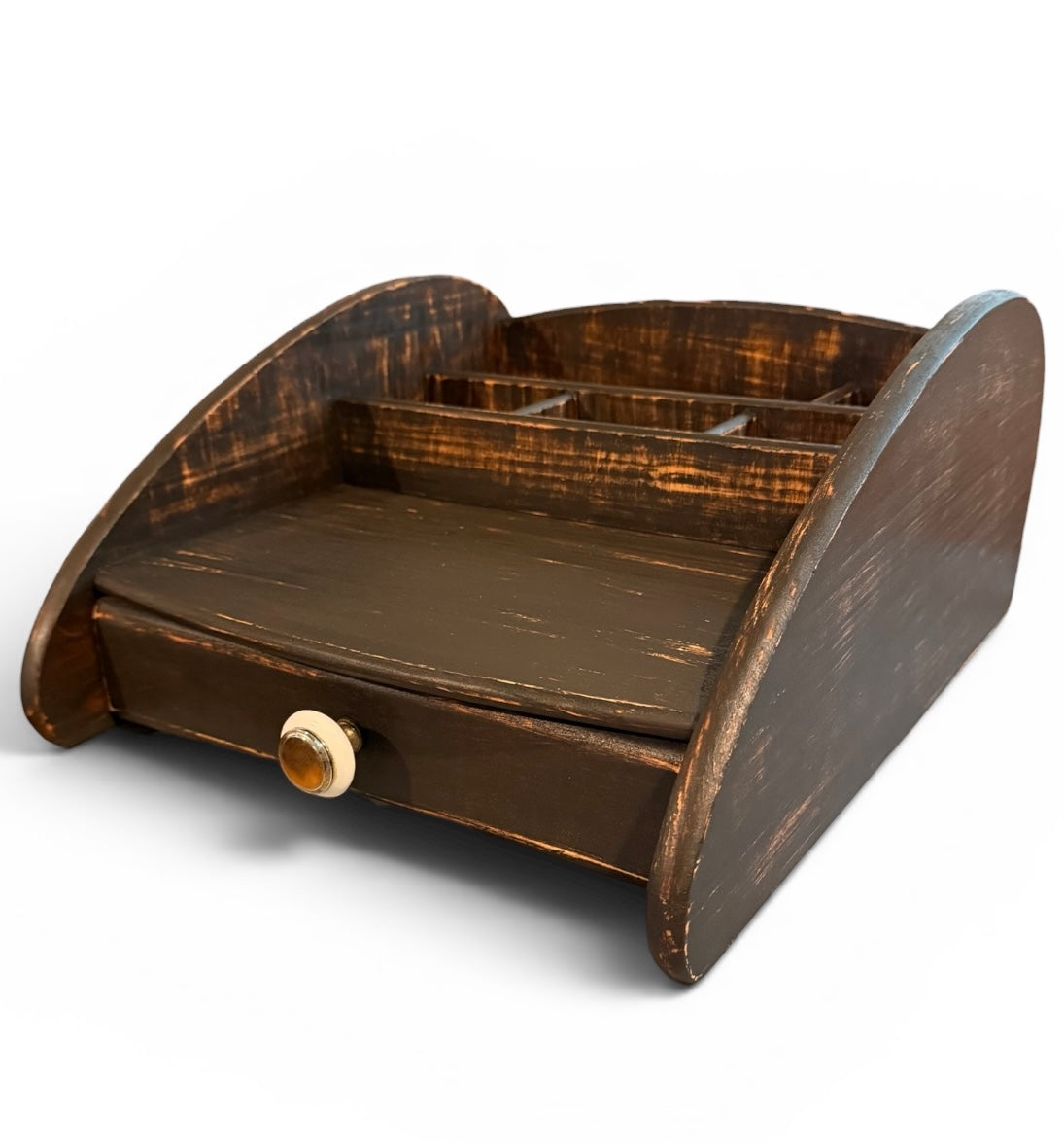 Farmhouse Vintage-Style Wooden Kitchen Organizer Caddy with Drawer | Rustic Primitive Storage