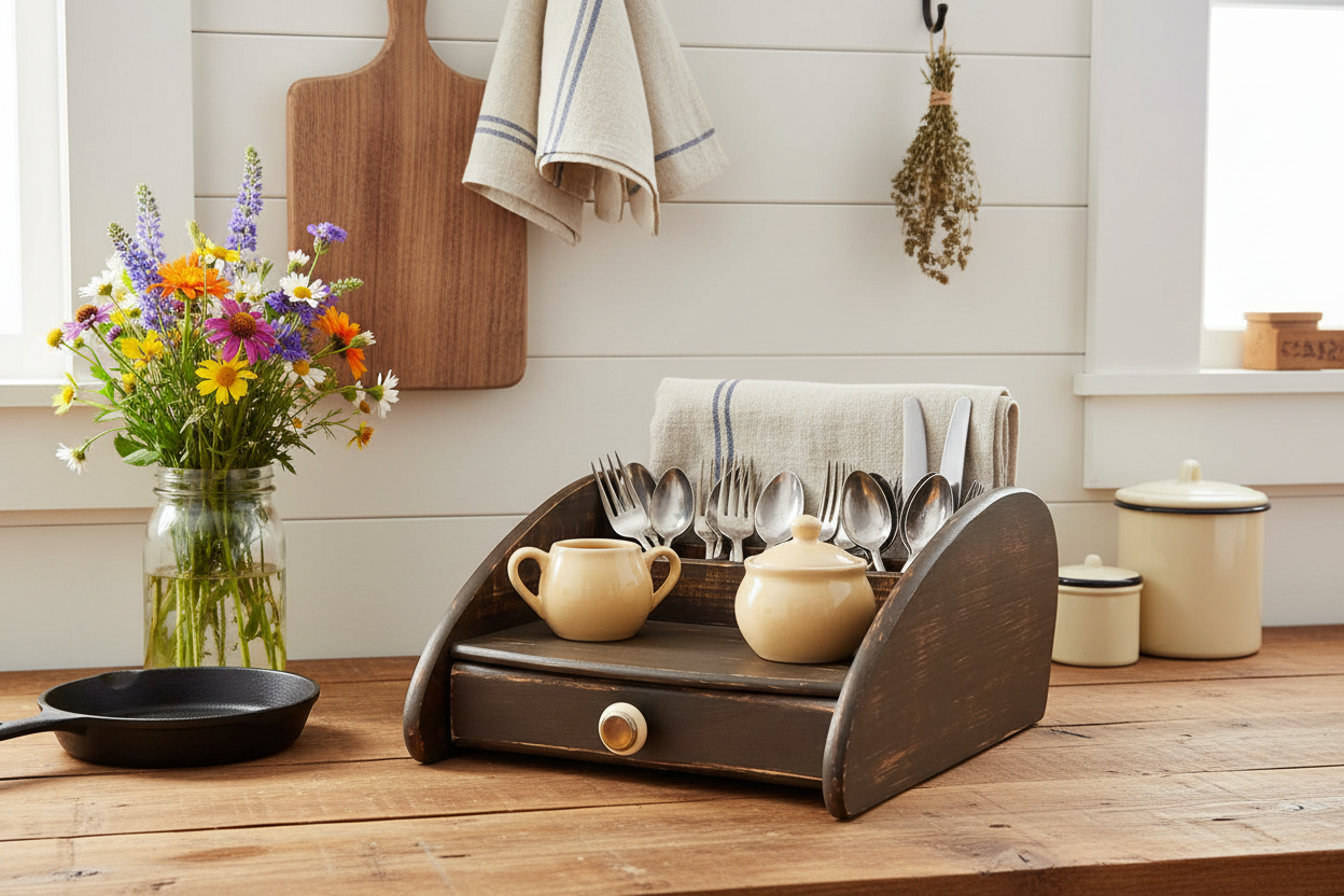 Farmhouse Vintage-Style Wooden Kitchen Organizer Caddy with Drawer | Rustic Primitive Storage