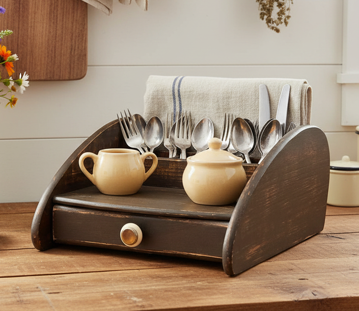 Farmhouse Vintage-Style Wooden Kitchen Organizer Caddy with Drawer | Rustic Primitive Storage