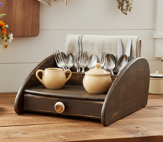 Farmhouse Vintage-Style Wooden Kitchen Organizer Caddy with Drawer | Rustic Primitive Storage