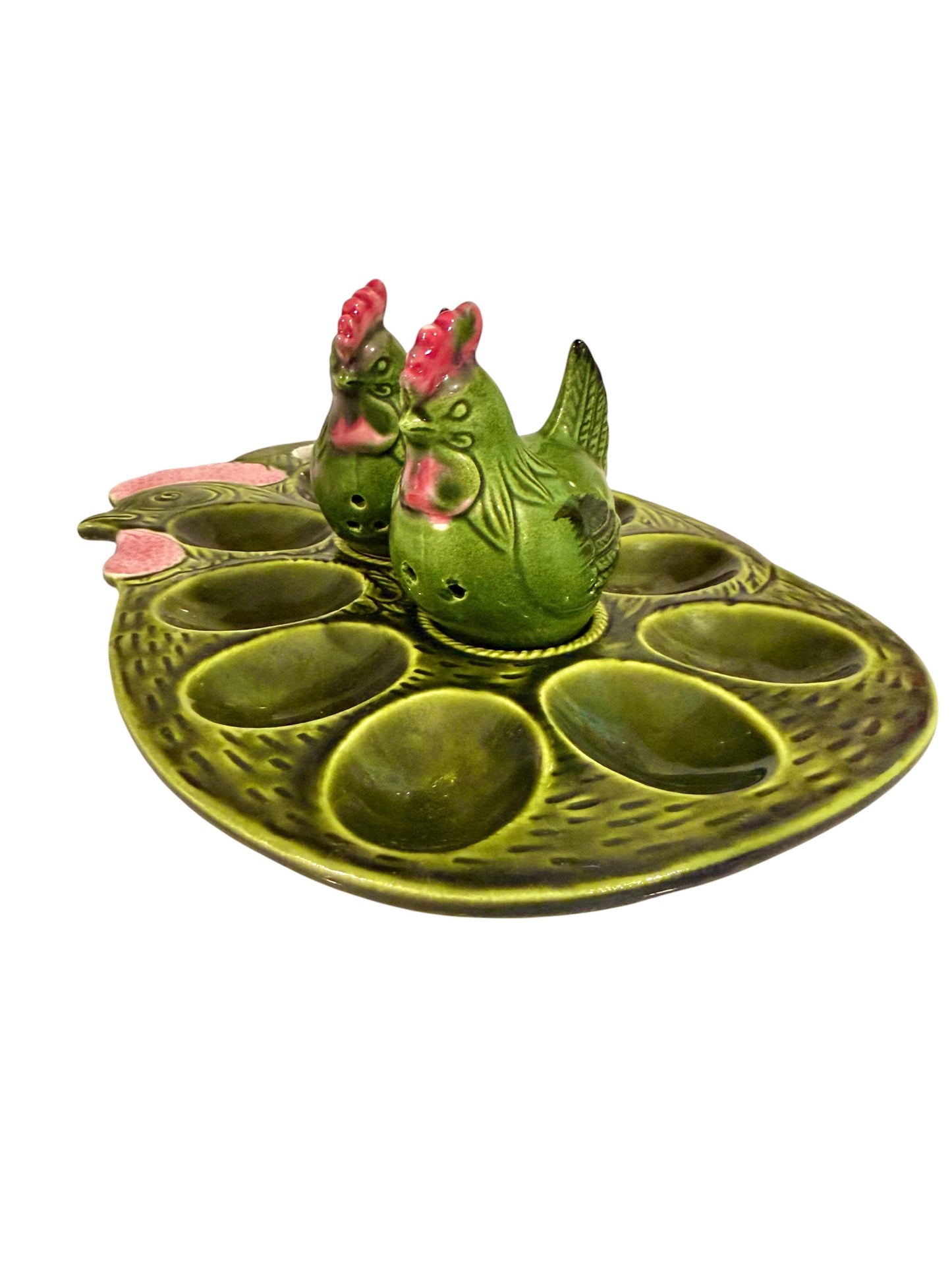 Hen Deviled Egg Plate with Salt & Pepper Shakers – Price Import Vintage Japan - Green Ceramic Farmhouse Serving Dish