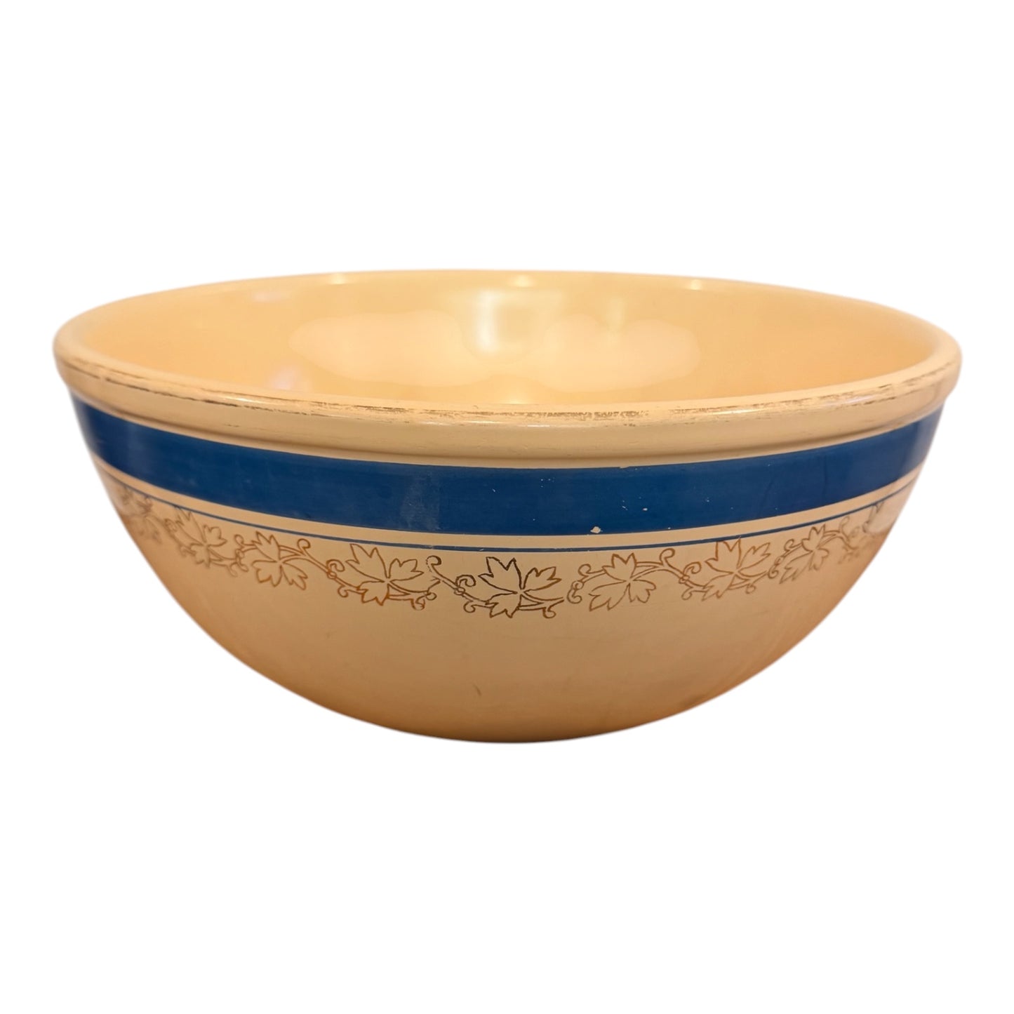 Jewel Tea Homer Laughlin Vintage Stoneware Mixing Bowl | Blue Band & Gold Ivy Pattern | 1930s-1940s