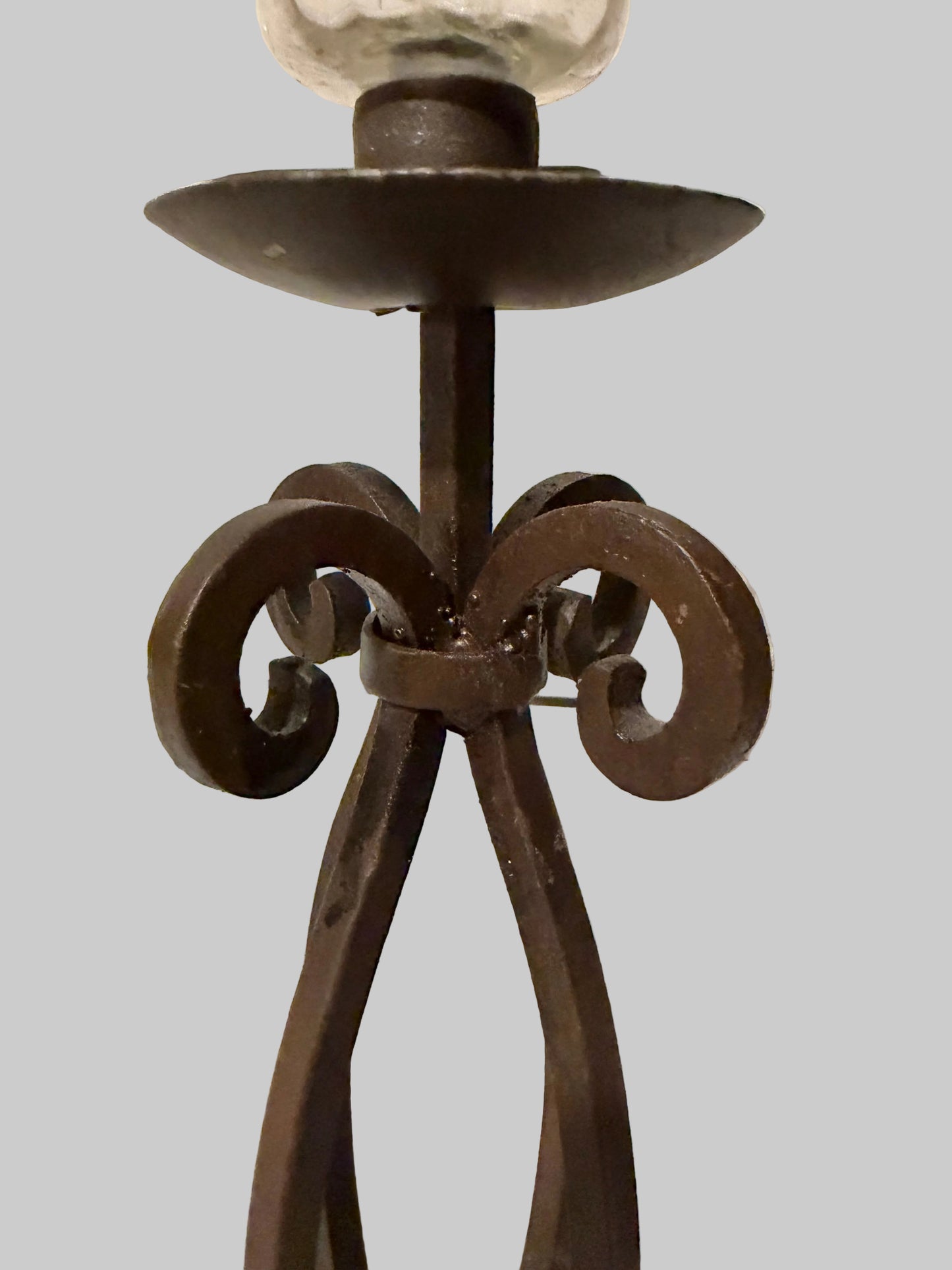 Set of 3 Rustic Primitive Wrought Iron Hurricane Candle Holders with Glass Shades