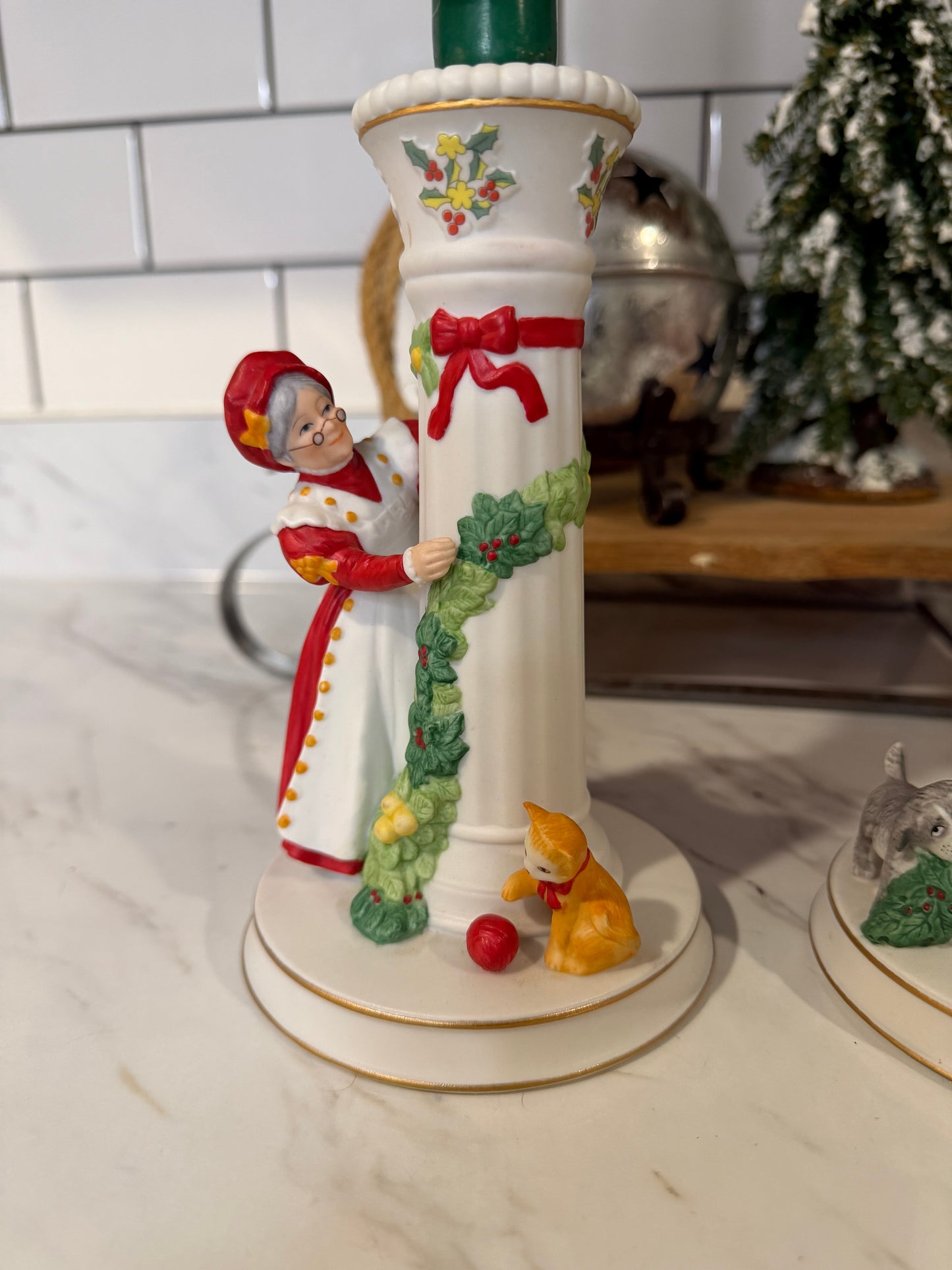 Vintage Danbury Mint “Christmas Candlesticks” — Mrs. Claus & Elves — 1990s Ceramic Pair with 23kt Gold Accents