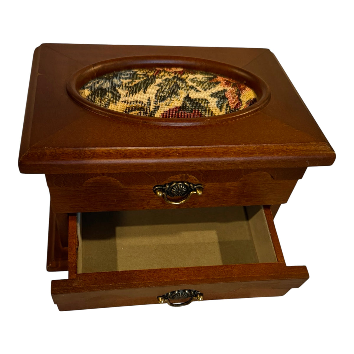 Wooden Vintage Jewelry Box with Mirror & Floral Tapestry Top