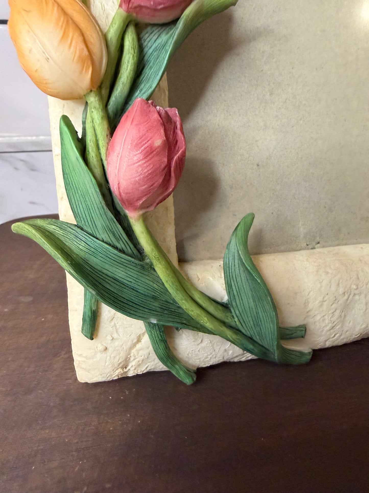 Vintage French Country Resin Photo Frame — Pink & Yellow Tulip Embellishments (Holds 5x7”)