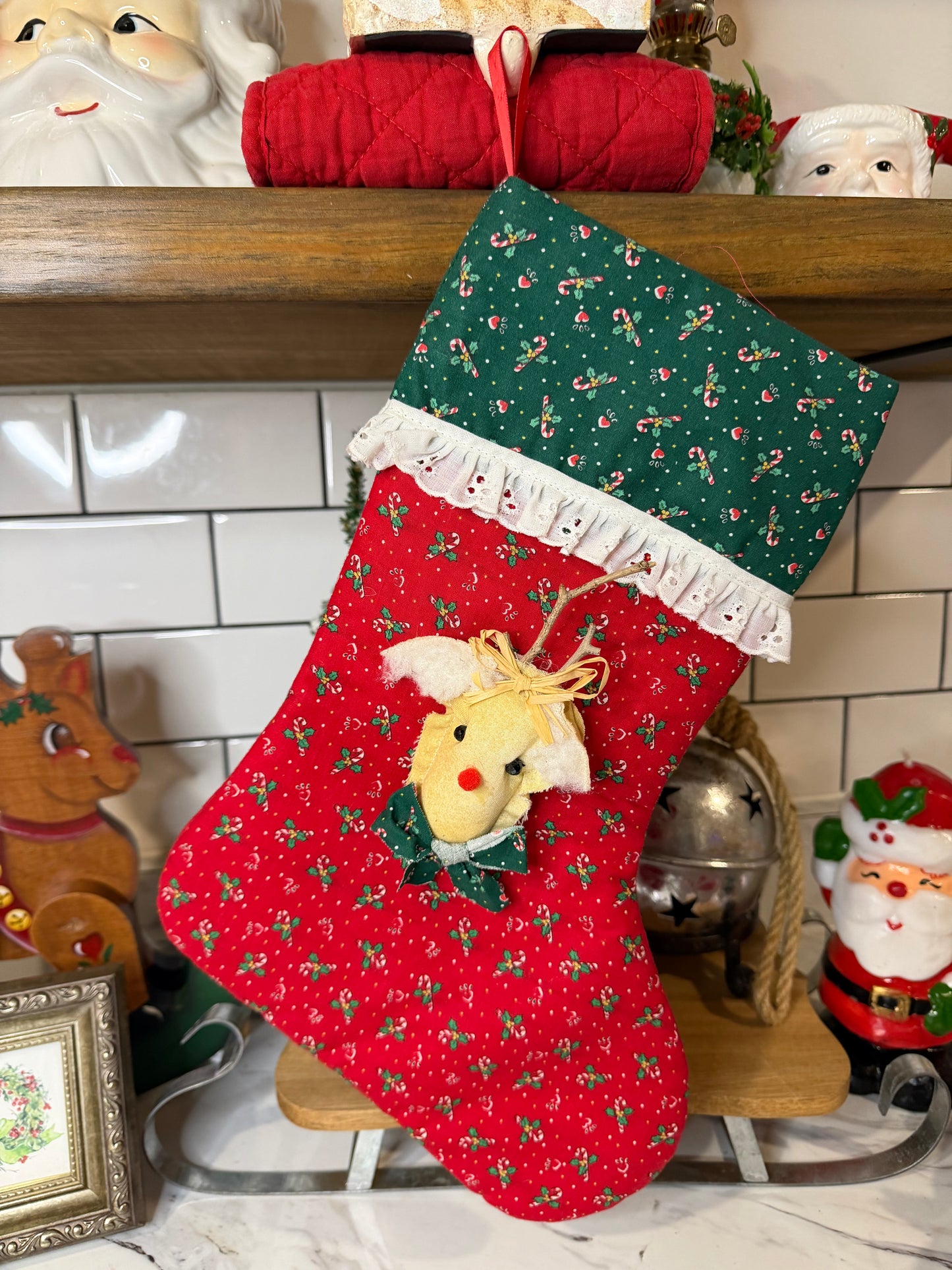 Handmade Rudolph Stocking – Red & Green Holly Berry Fabric - Lace Trim