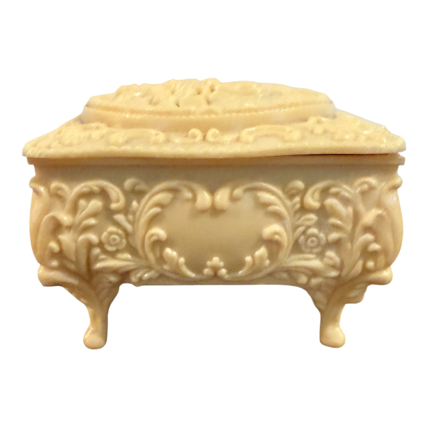 Vintage French Ivory Celluloid Jewelry Trinket Box | Footed Vanity Box with Romantic Courting Couple Lid | Rococo Style Keepsake Storage