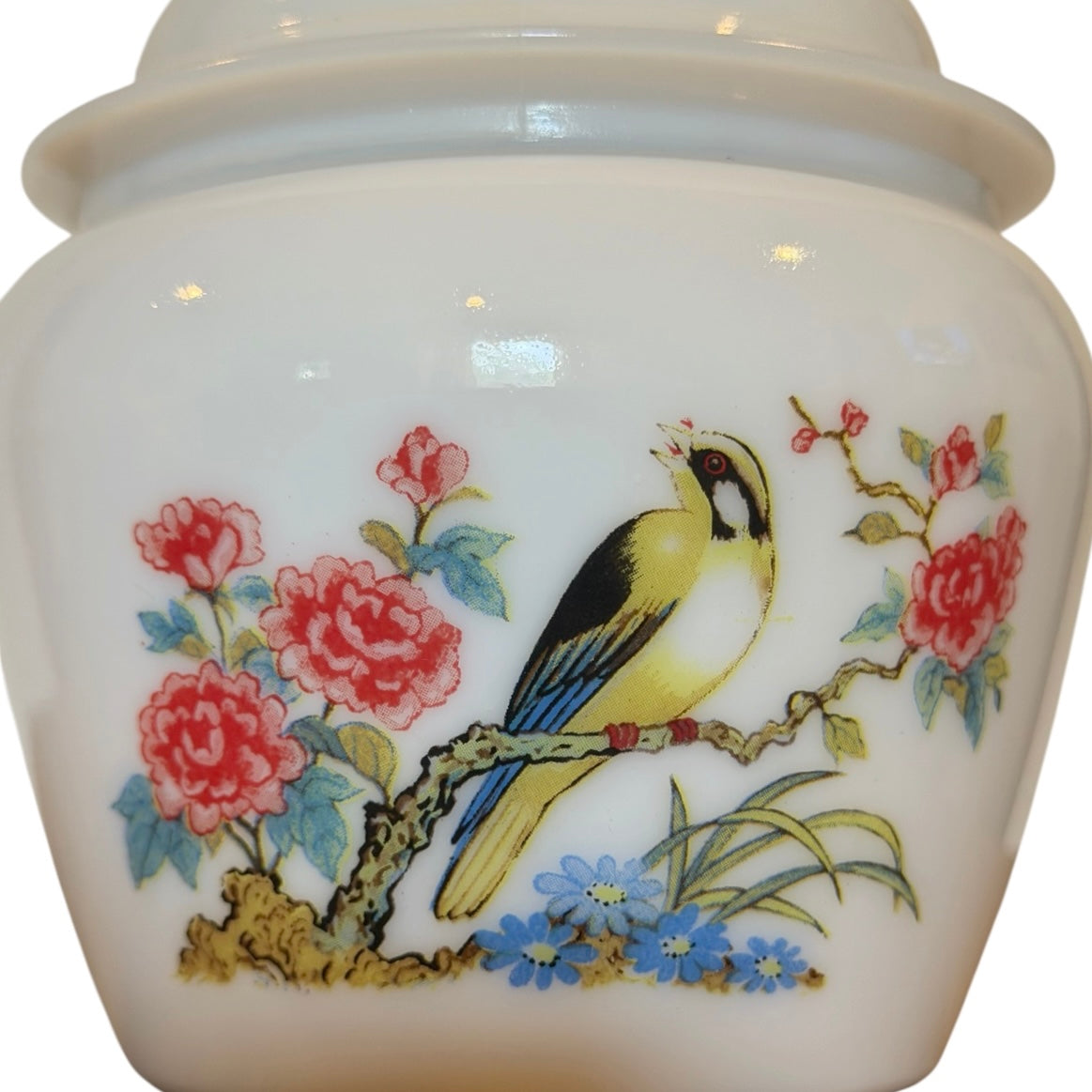 Avon Milk Glass Ginger Jar with Oriental Bird & Floral Motif – 1970s