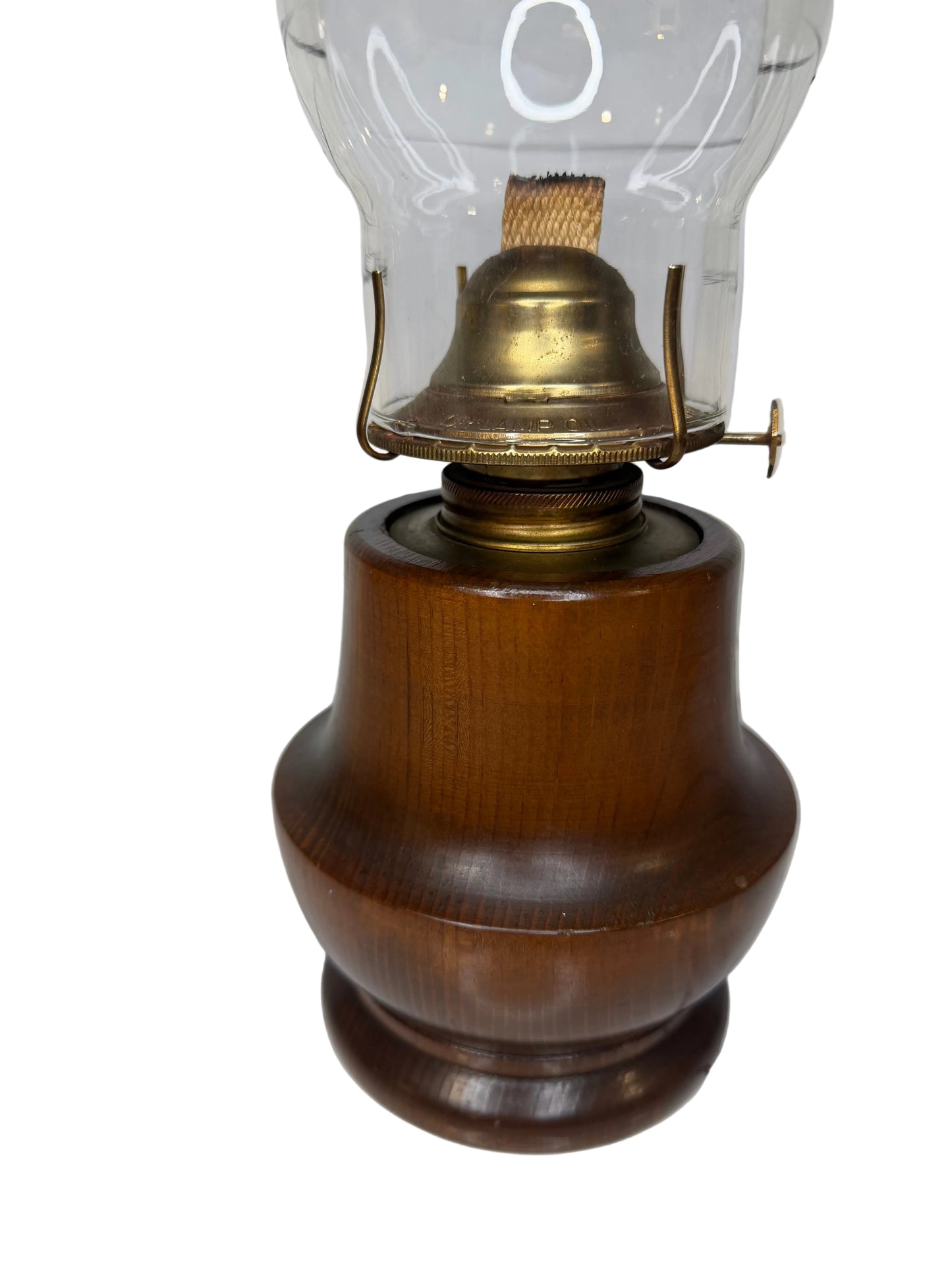 Vintage Wood Oil / Kerosene Hurricane Lamp – Glass Chimney & Wooden Base
