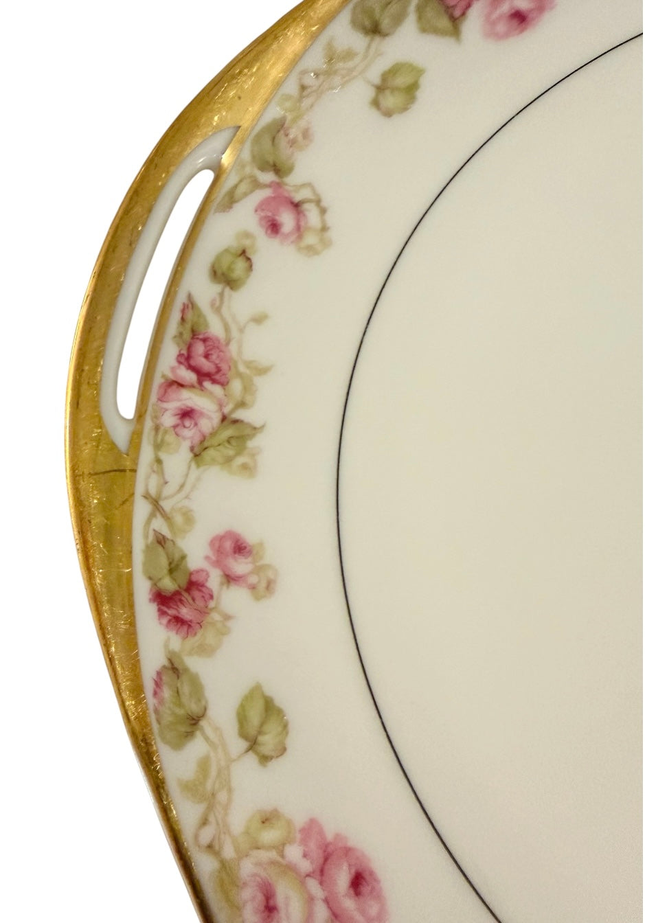 Haviland & Co. Limoges France Two-Handled Cake Plate | Pink Rose Garland & Gold Gilt | c. 1894–1931
