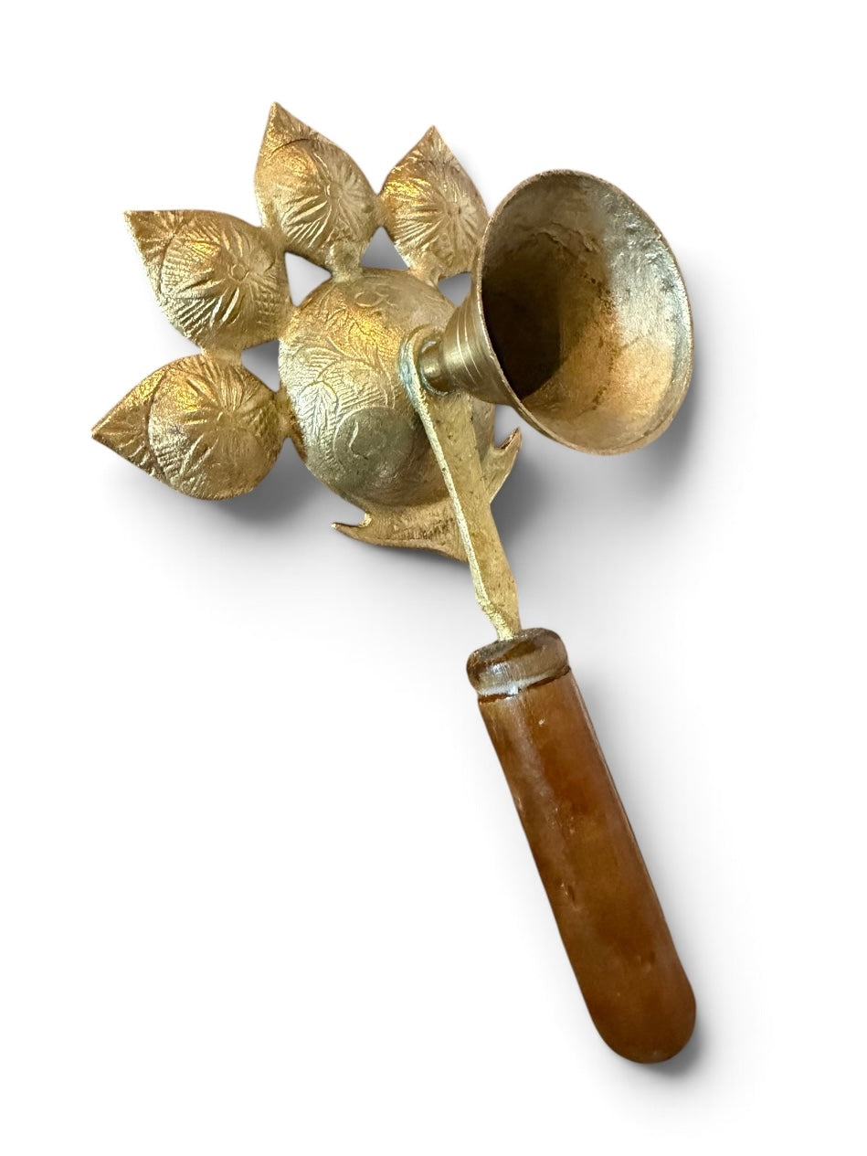 Vintage Brass Panch Aarti Diya Oil Lamp with Bell & Wooden Handle | Traditional Hindu Puja Lamp