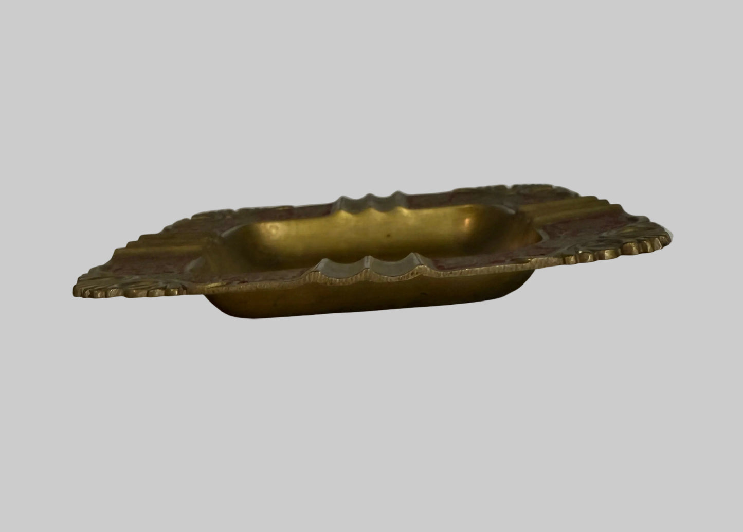 Vintage Square Brass Ashtray with Red Enamel Floral Design