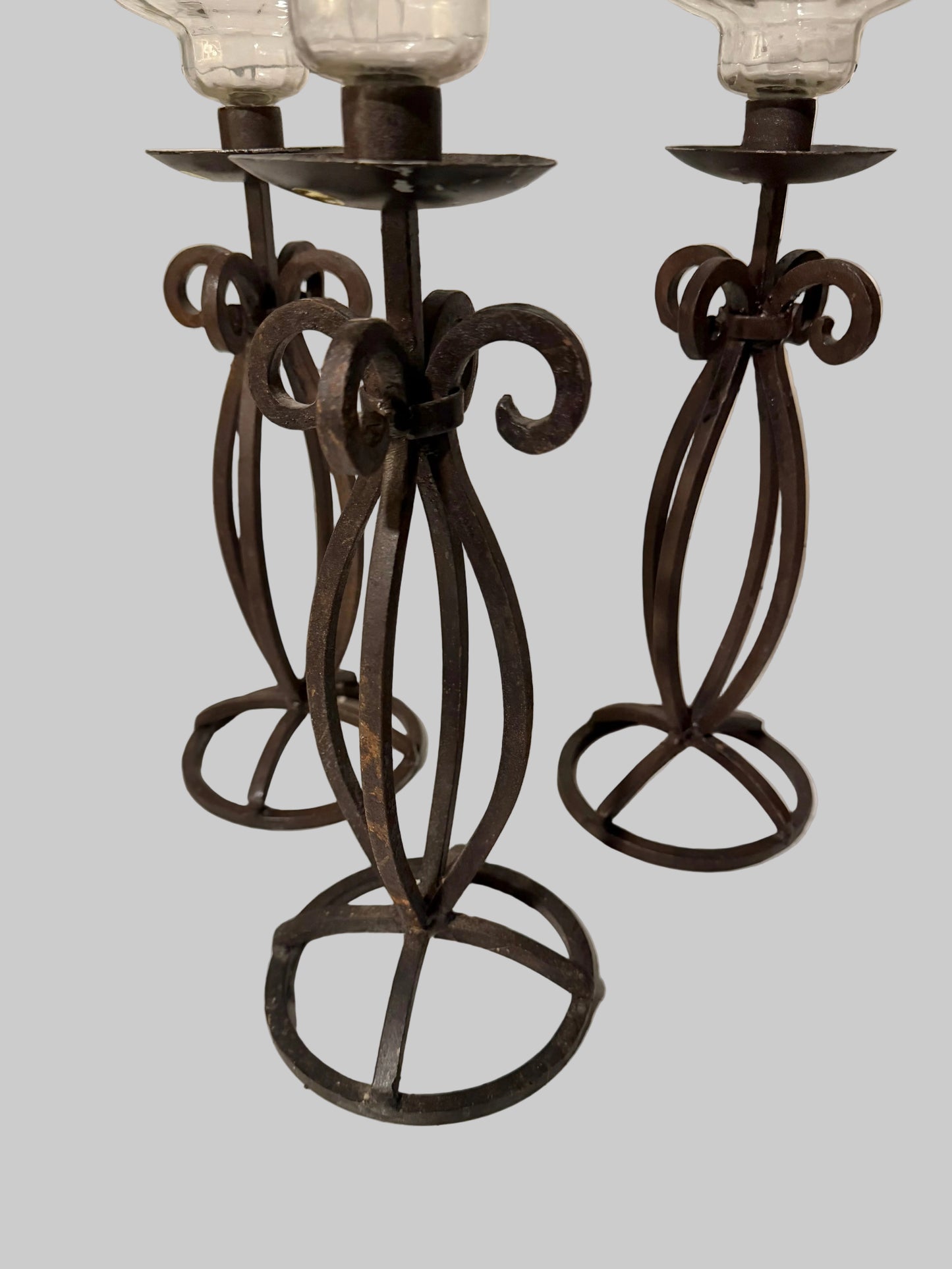 Set of 3 Rustic Primitive Wrought Iron Hurricane Candle Holders with Glass Shades