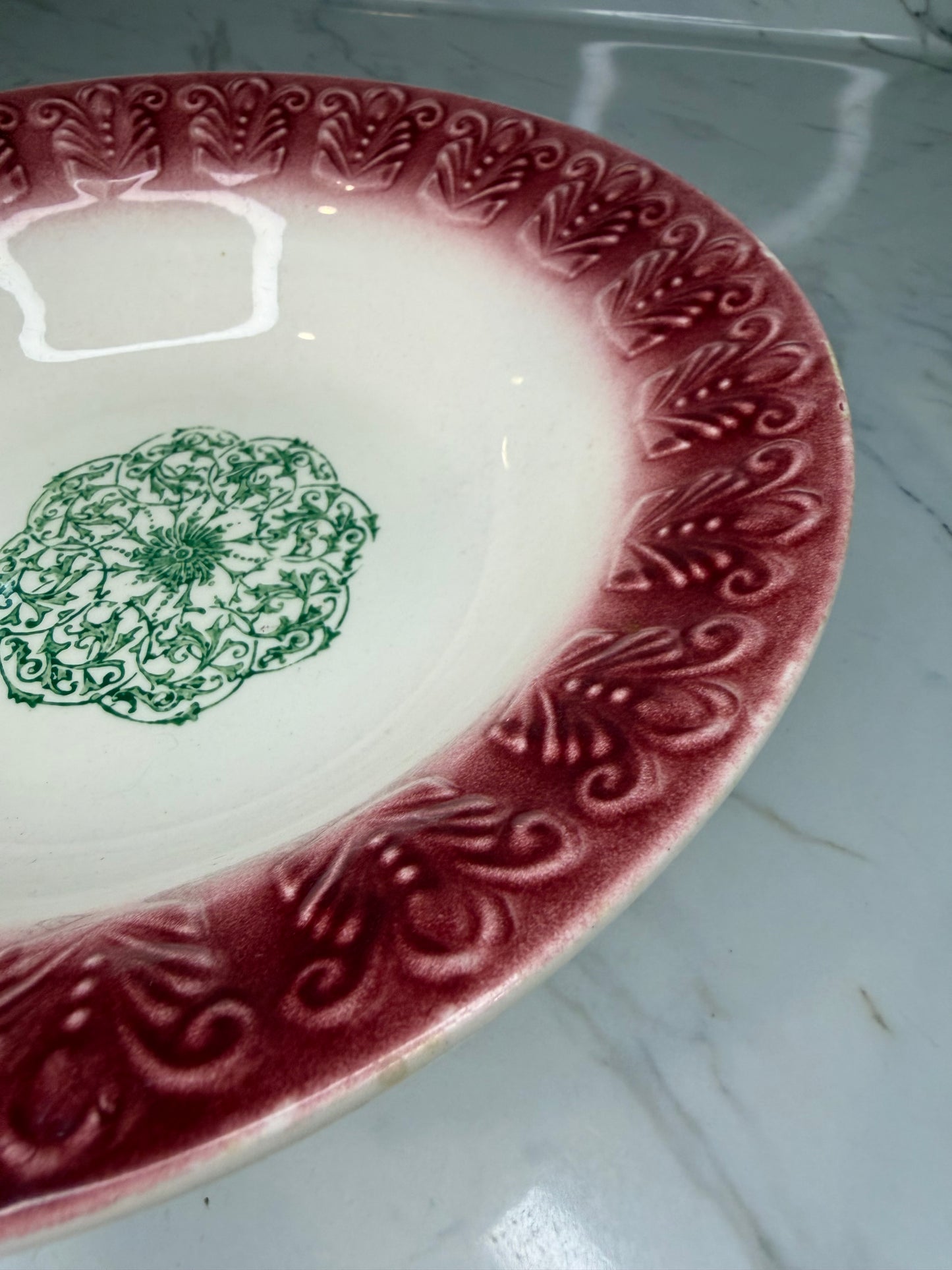 Vintage Ceramic Serving Bowl – Embossed Relief with Stenciled Design