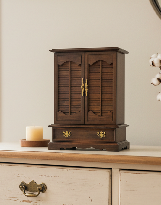 Vintage Solid Wood Musical Jewelry Box Armoire