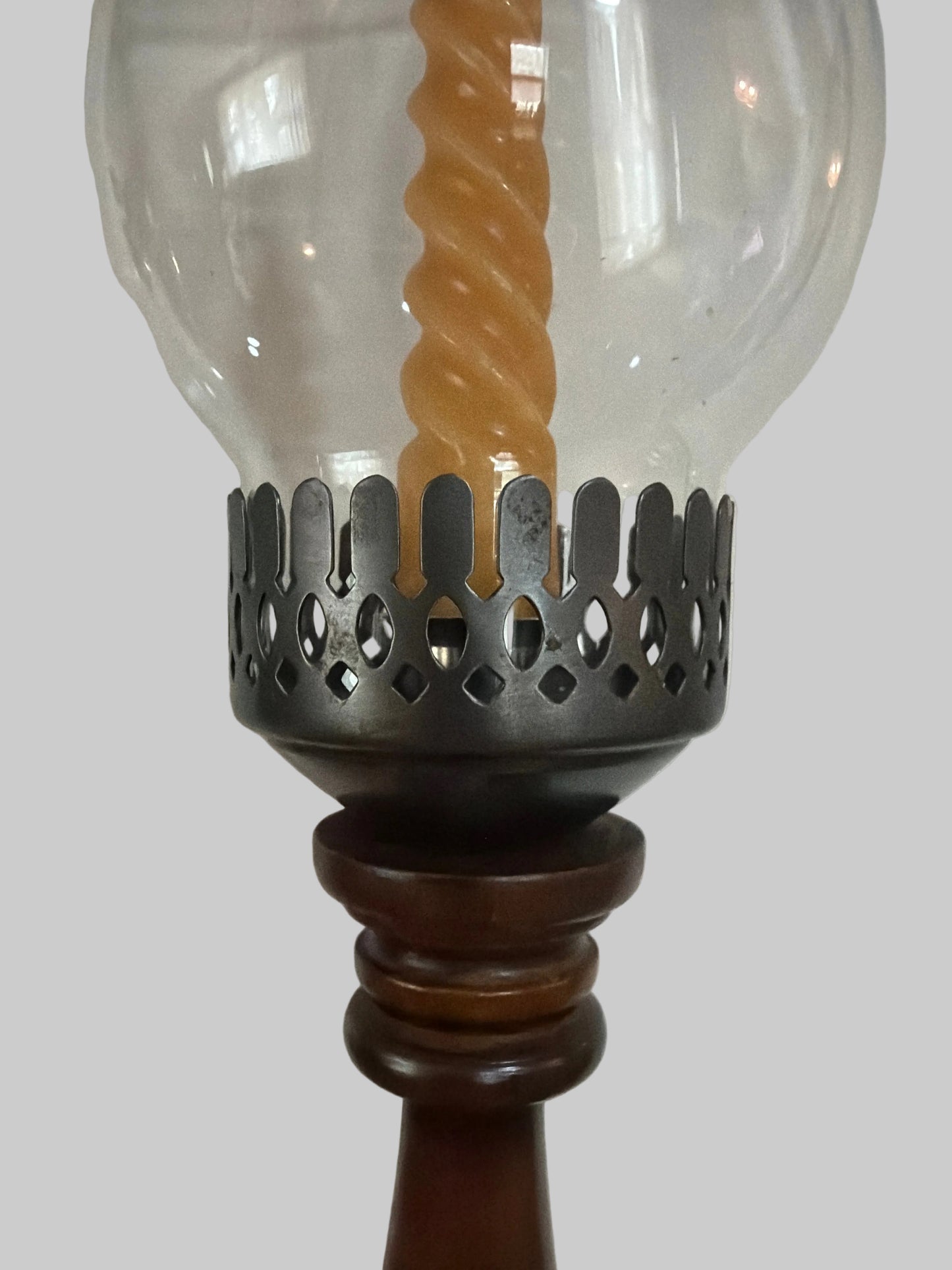 Vintage Mid-Century Wood & Metal Candlestick Holder with Hurricane Shade