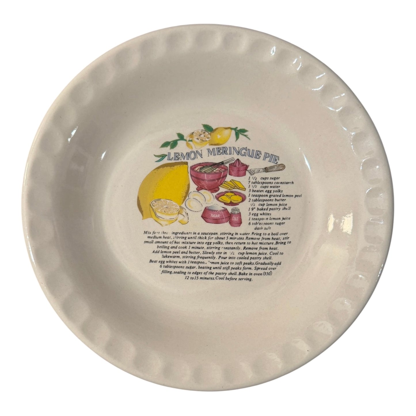 Lemon Meringue Vintage Pie Recipe Plate | Retro Ceramic Pie Dish | Cottage Kitchen Decor | Recipe Bakeware