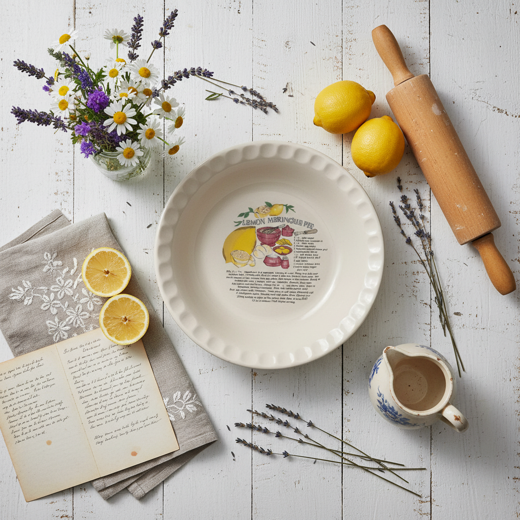 Lemon Meringue Vintage Pie Recipe Plate | Retro Ceramic Pie Dish | Cottage Kitchen Decor | Recipe Bakeware
