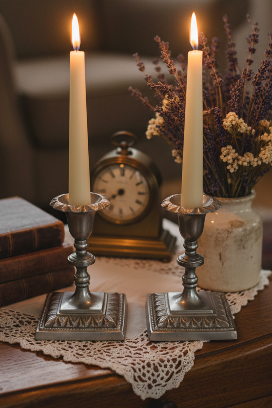 Pewter Antique/Vintage Candlestick – Fluted Petal Capital - Pair