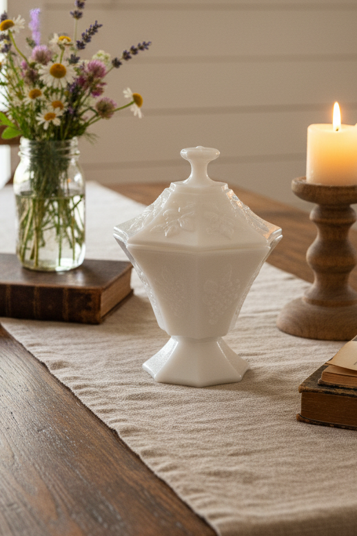 Anchor Hocking Vintage Milk Glass Lidded Candy Dish | Grape & Vine Pedestal Compote | Farmhouse Decor