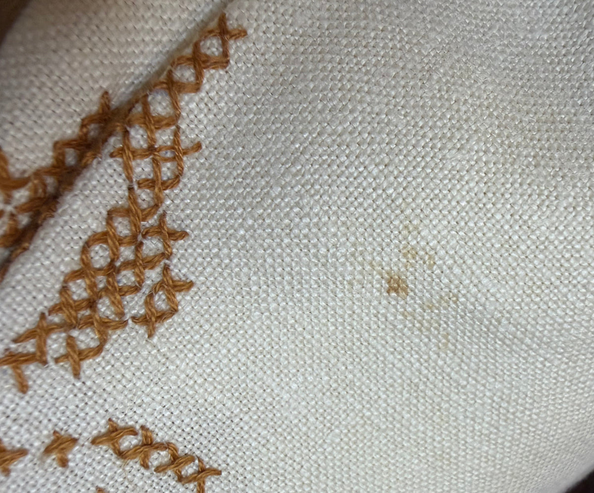 Square Linen Table Topper – Yellow & Brown Cross-Stitch Floral Design – 40”