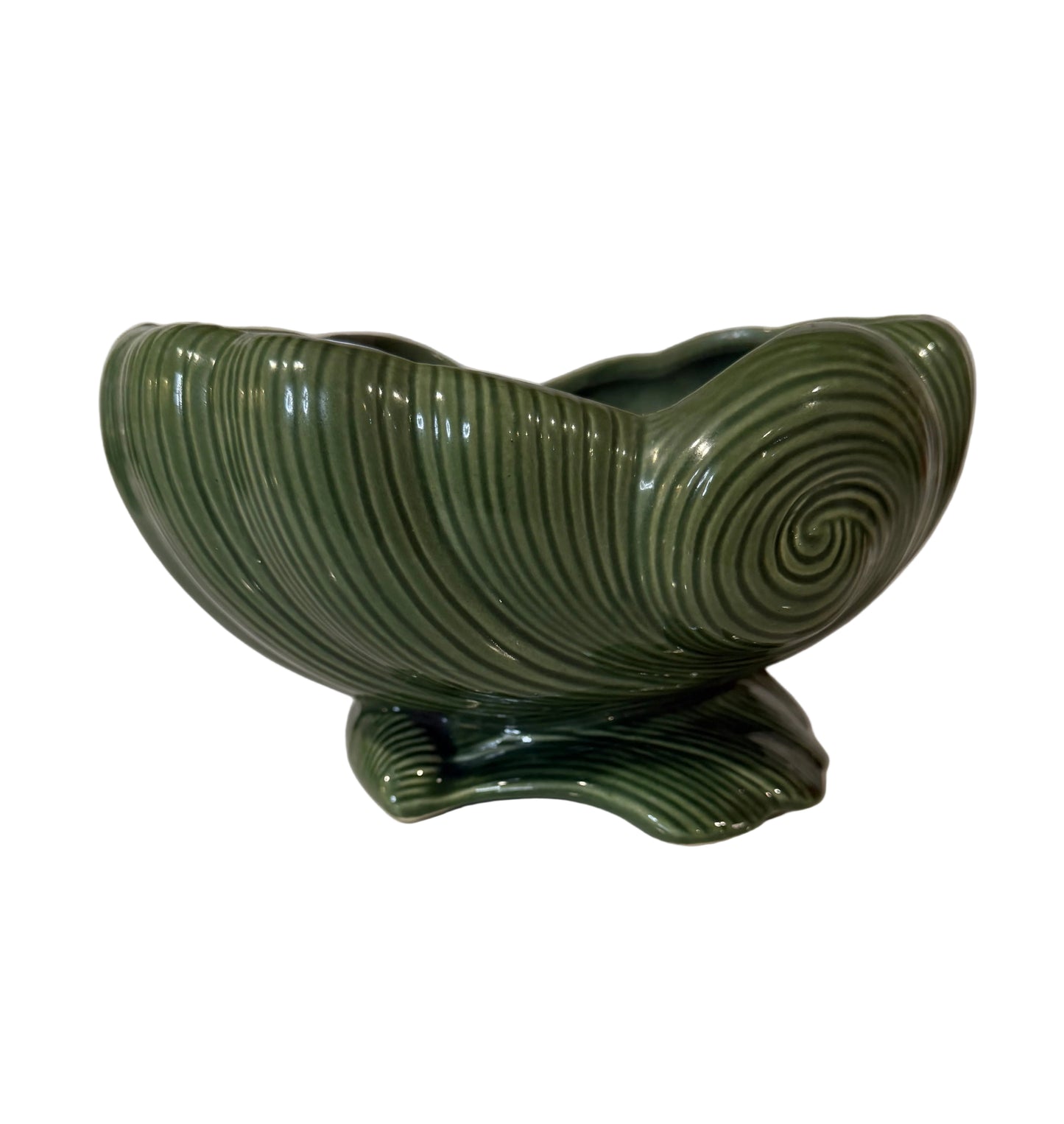 Vintage Dark Green Ceramic Shell Planter | Art Deco / MCM Style