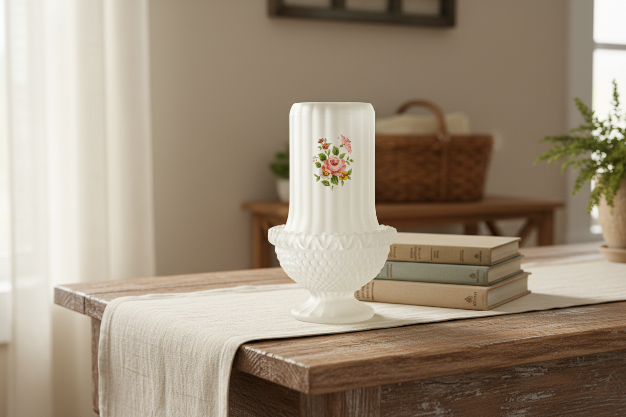 Vintage Frosted Satin Glass Fairy Lamp with Pink Roses