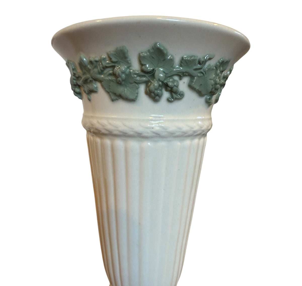 Wedgwood Embossed Queen’s Ware Celadon Green Grapevine Trumpet Vintage Vase – England – 6.5”
