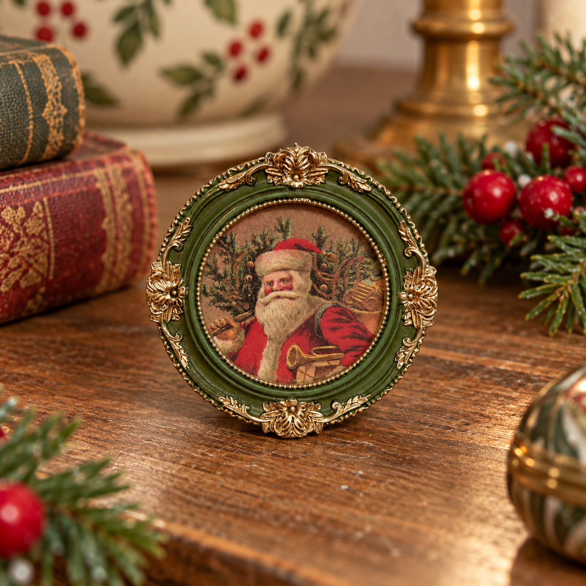Vintage-Style Santa Postcard Art in Ornate Green & Gold Frame – 3” | Flea & Frame Creation