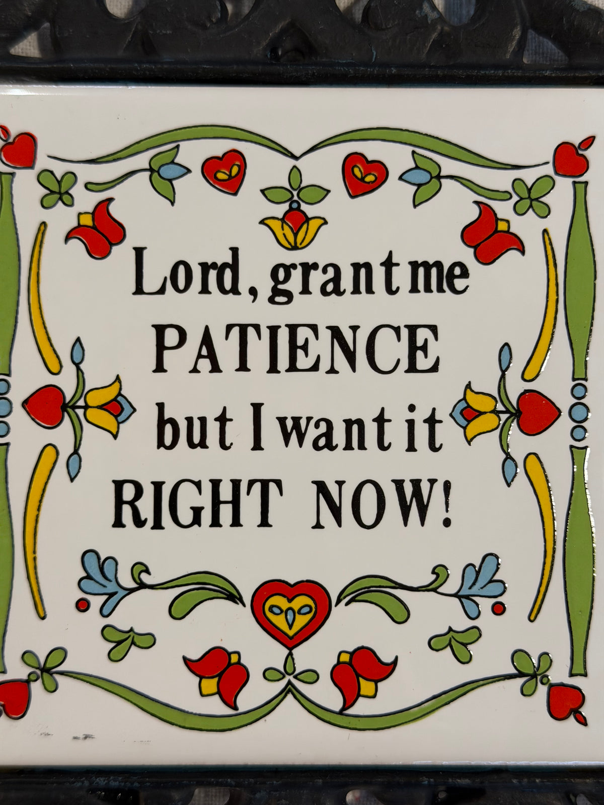 Cast Iron & Ceramic Tile Trivet – Folk Art “Patience” Quote Wall Decor
