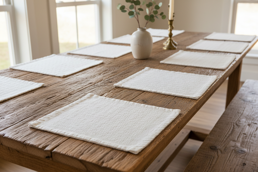 Set of 12 Textured Cotton Blend Linens Woven Off-White Placemats – Farmhouse Geometric Grid